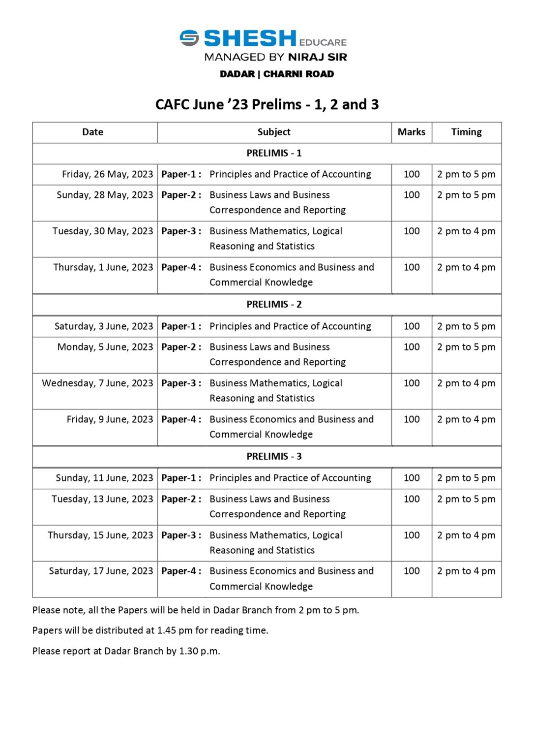 Dadar Branch Time Table - Shesh Educare